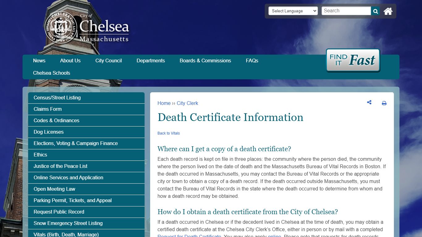 Death Certificate Information | City of Chelsea MA